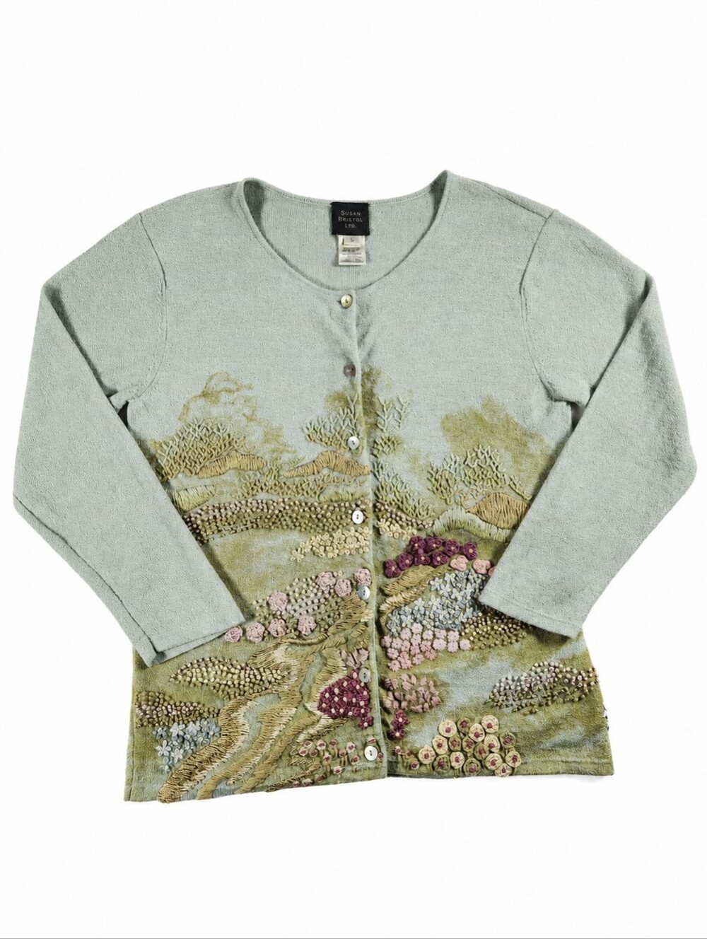 Vintage 2003 Susan Bristol Hand Embroidered Landscape Cardigan S